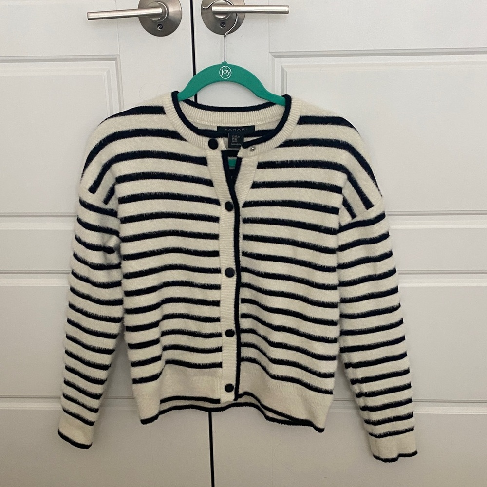Tahari Black and White Striped fuzzy Cardigan sweater